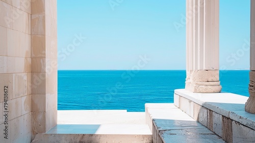 Close-Up of Aegean Greek Palace Platform Overlooking Bright Blue Sea Generative AI photo