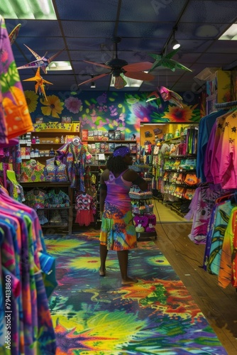 Vibrant Clothing Store Interior with Colorful Merchandise and Shopper © Viktorikus