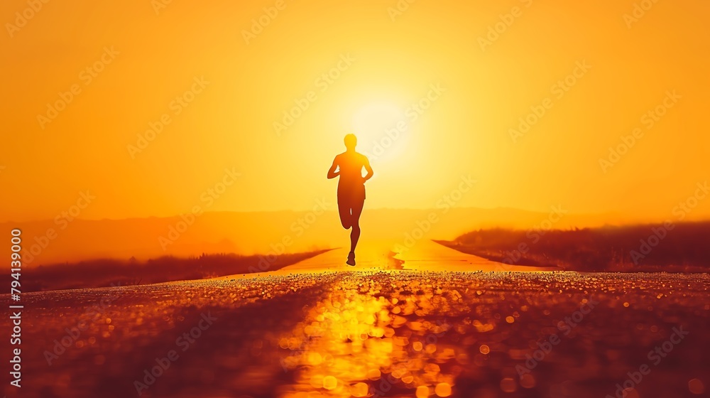 Runner silhouette against a sunset, jogging on a deserted path, illustrating dedication and endurance in physical fitness.