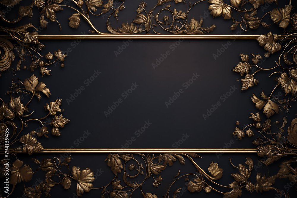 Ornate gold leaf embellishments around a central blank space, on a dark background for dramatic contrast, suitable for classy wine labels or gourmet food packaging