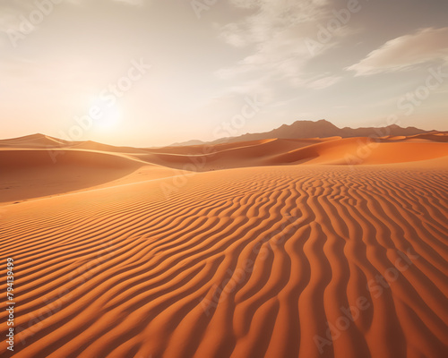 Quiet early morning sunrise at a desert  the sun casting long shadows and illuminating the sand dunes  perfect for explorative travel guides or introspective personal growth workshops