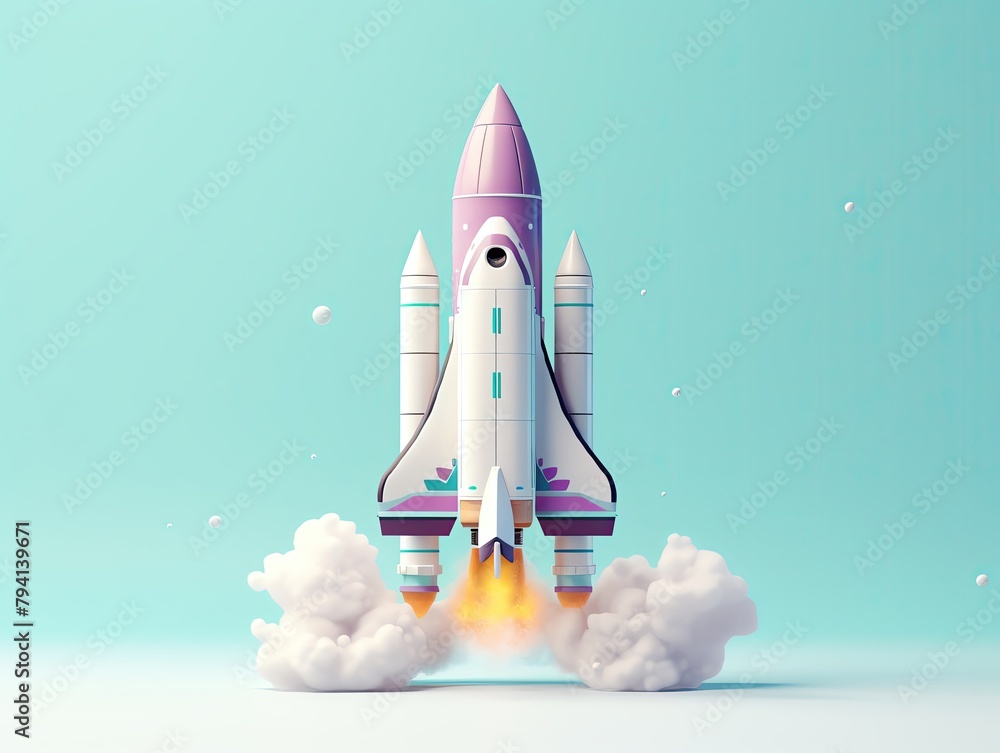Fototapeta premium Detailed image of a sleek, white space rocket rendered in 3D, blasting off from a minimalist launchpad, surrounded by pastel violet and turquoise hues