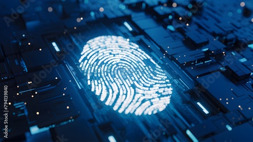 illuminated fingerprint is prominently displayed, seemingly made of binary code or digital data. Surrounding this fingerprint, there is a myriad of small, glowing dots, evoking the image of data point