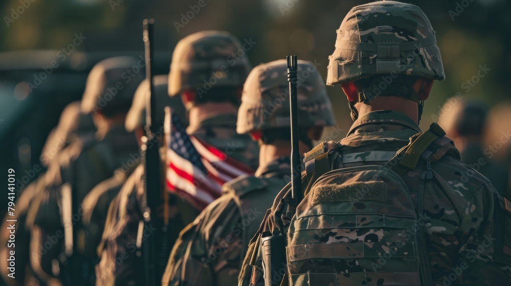 Obraz premium soldiers standing in formation with an American flag in the center.