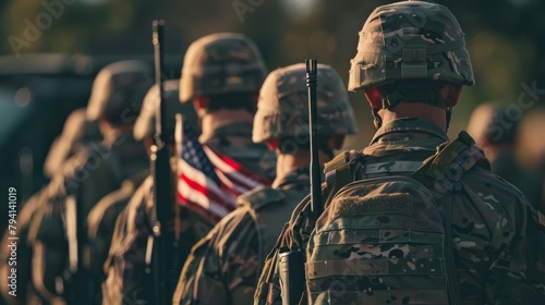 soldiers standing in formation with an American flag in the center.