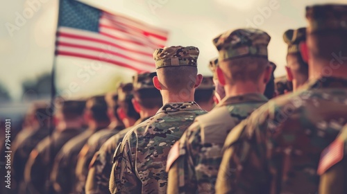 US soldiers standing in formation with blurred background, American flag waving on pole photo