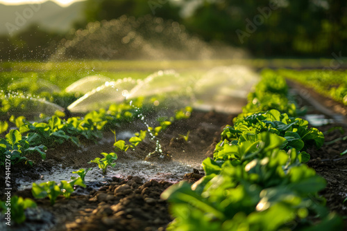 The irrigation system waters the soil with water to obtain a good harvest. A sprinkler for watering agricultural fields in close-up. photo