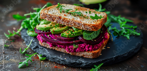 A sandwich with avocado and beet on a black plate