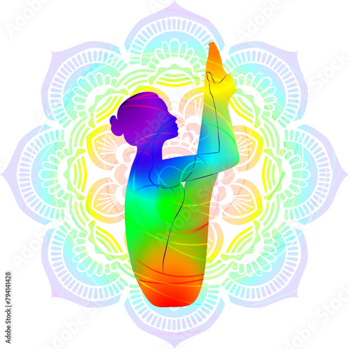 Colorful silhouette of woman practicing Urdhva Mukha Paschimottanasana pose. Boat with Thighs to Chest pose.  Isolated vector illustration