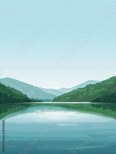 Serene Lakeside Landscape with Green Mountains and Calm Reflective Water in Idyllic Nature Scene