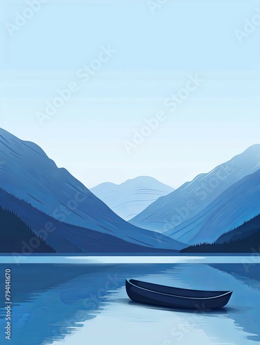 Serene Lakeside Panorama with Minimalist Boat Silhouette and Majestic Mountains in the Distance