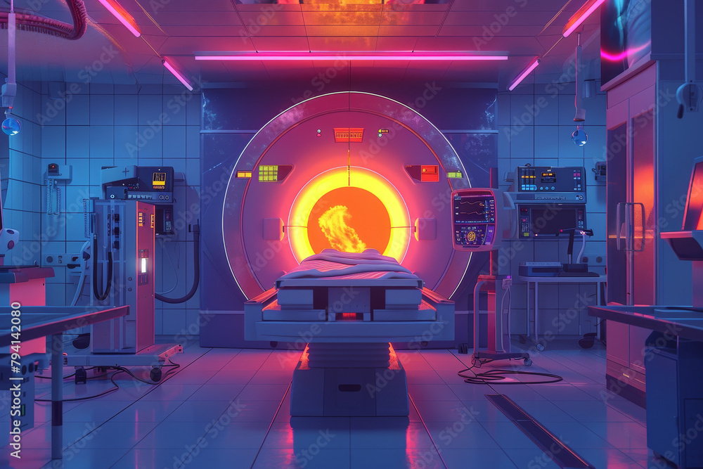 Obraz premium A neon colored hospital room with a bed in the center