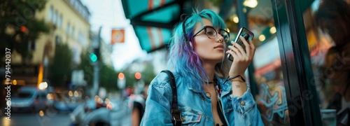 hipster urban girl with mobile phone on the city street sending voice message or recording audio photo