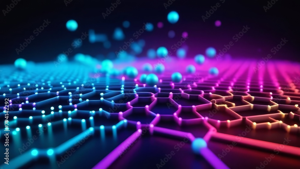 Abstract background of web of particles of blue and pink molecules in neon light