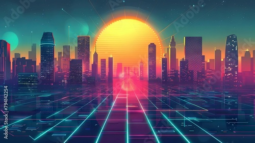 Vibrant Futuristic Cityscape with Neon Lights and Gradient Skies photo