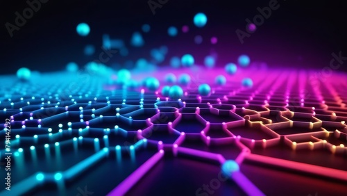 Abstract background of web of particles of blue and pink molecules in neon light