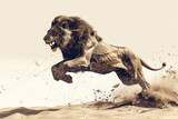 A lion is leaping through the air, with its mouth open and teeth bared