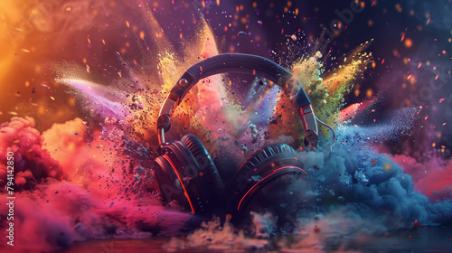 A colorful explosion of confetti and smoke surrounds a pair of headphones