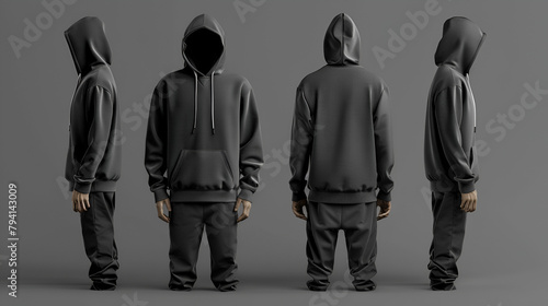Male hoodie sweatshirt in front back and side views, generative ai photo