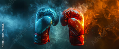 Two boxing gloves are shown with smoke and steam in the background photo
