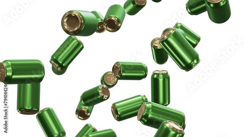 Realistic looping 3D animation of the brass green beer cans falling from the top rendered in UHD with alpha matte