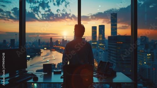 A man is sitting in a chair in an office, looking out the window at the sunset over a river in the distance.