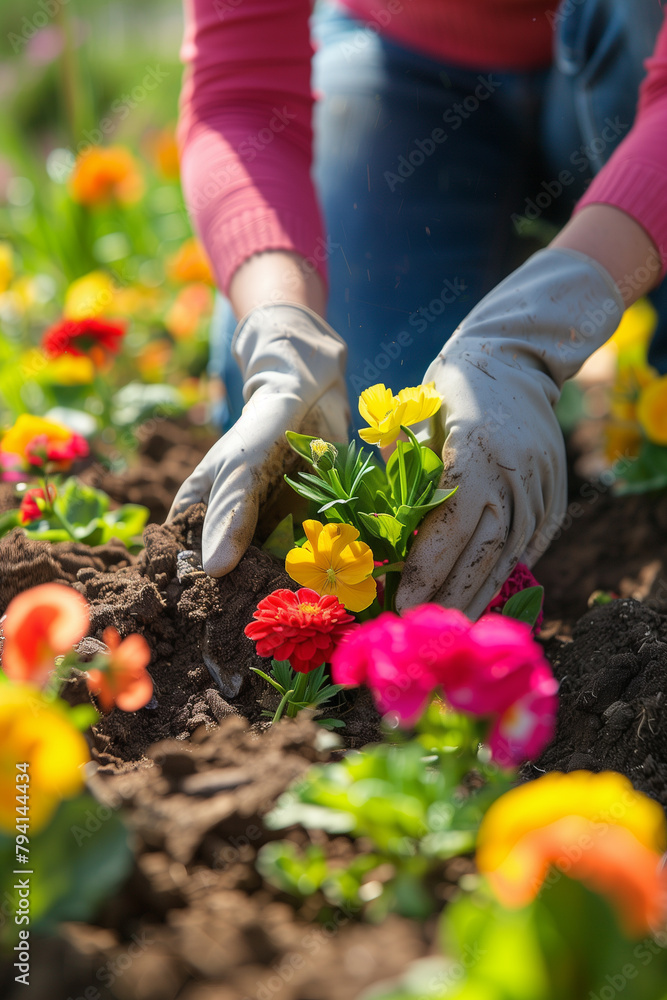 Fototapeta premium Close-up of a woman planting colorful flowers outdoors, ideal for gardening and spring themes.
