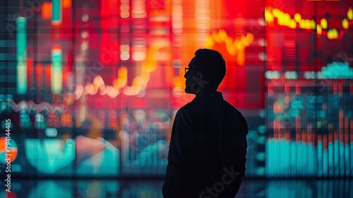 A man looking at a large screen of stock market data.