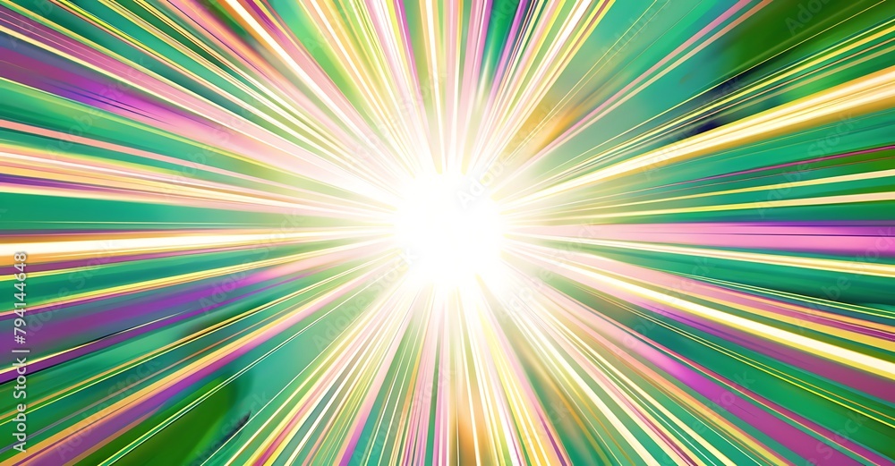 A bright and colorful burst of light with rays spreading out from the center, with green, purple, and yellow colors. A bright and colorful burst of light with rays spreading out from the center, with green, purple, and yellow colors.