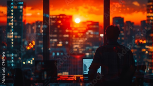 A man looking out the window at a beautiful sunset over the city from his office.