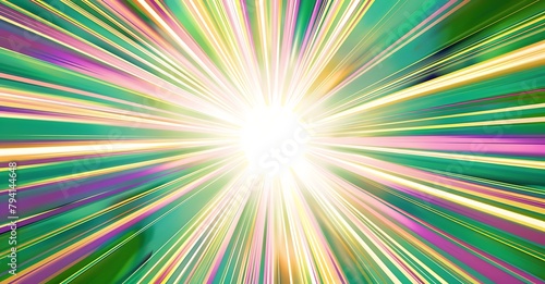 A bright and colorful burst of light with rays spreading out from the center, with green, purple, and yellow colors.