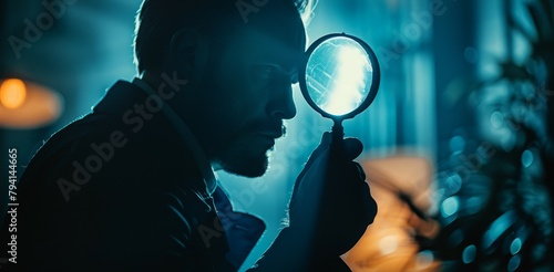 A man looking through a magnifying glass with a serious expression on his face. photo