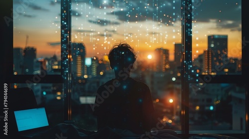 A man looking out the window at a beautiful sunset over the city.