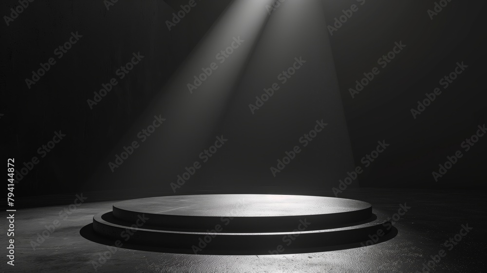 Abstract black and white background with spotlight on empty stage for product display presentation. Generated by artificial intelligence.