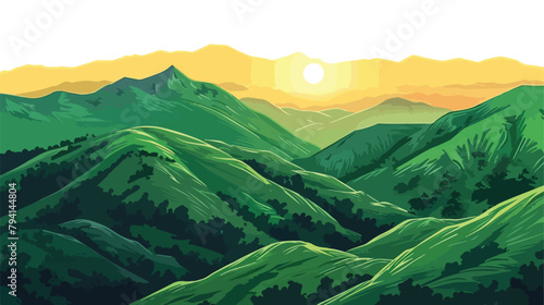 Aerial view of the green mountains and hills at sunset
