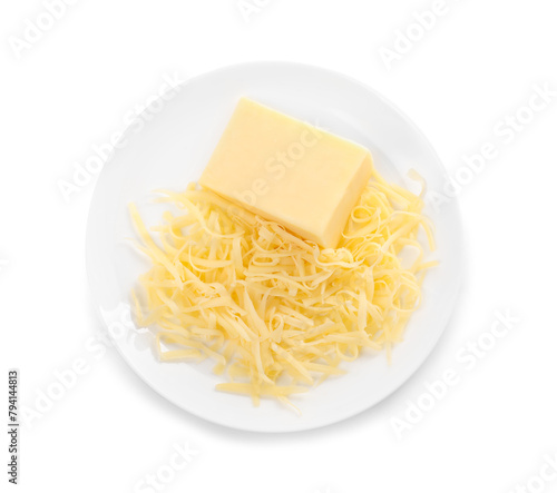 Grated cheese and piece of one isolated on white, top view