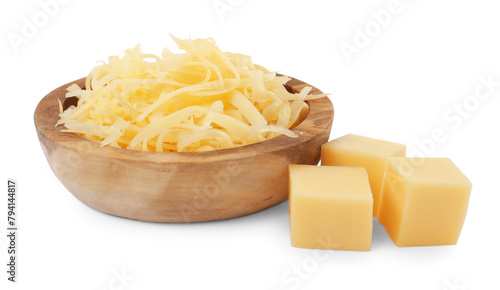 Grated cheese in bowl and pieces of one isolated on white