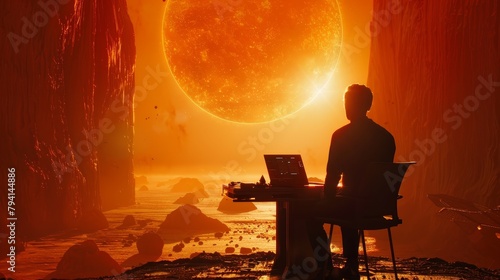 A man sits at a desk on a distant planet and looks out at the alien landscape.