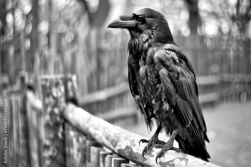 Naklejka premium a black bird standing on a wooden fence