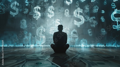 A man sits in a dark room with a glowing blue dollar sign on the wall behind him.