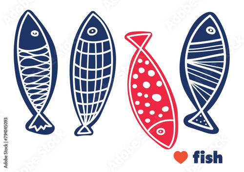 Cute retro colorful cartoon illustration with  fish on white background. Vector illustration set.