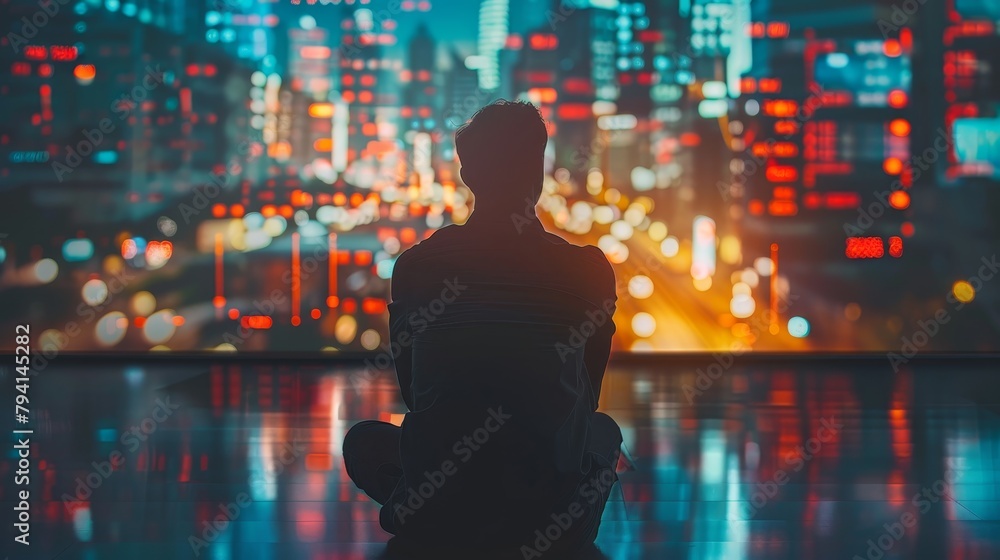A man sitting on the floor in front of a large window looking at the city lights. A man sitting on the floor in front of a large window looking at the city lights.