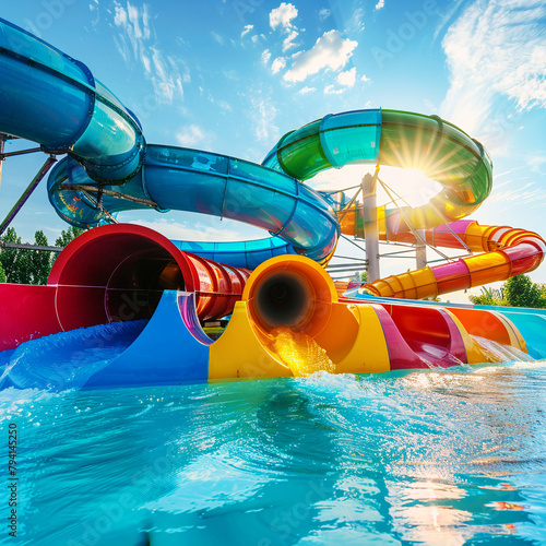 Bright water slides in the water park. Water activities.