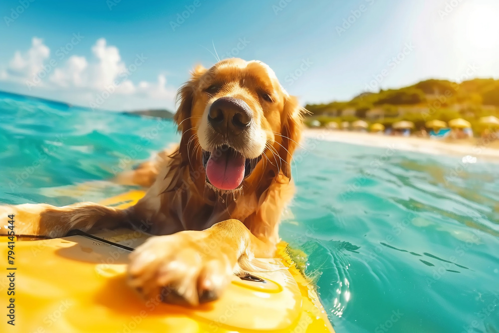 A golden retriever swims on a paddle board across the blue sea. A golden retriever swims on a paddle board across the blue sea.