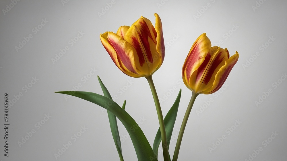 Two tulips stand tall against muted gray background. Flowers boast vibrant petals, each one canvas of yellow streaked with bold crimson flames. Long, slender green leaves extend outward from stems. Two tulips stand tall against muted gray background. Flowers boast vibrant petals, each one canvas of yellow streaked with bold crimson flames. Long, slender green leaves extend outward from stems.
