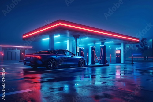 Futuristic of hydrogen fuel cell vehicle refueling station, representing clean energy. Sunset at an electric charging station, with neon lights casting a warm glow on puddles, symbolizing a hopeful,