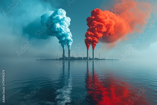 Infographic comparing carbon footprints of nuclear energy vs. fossil fuels, Industrial scene with vivid blue and red smoke billowing from stacks, reflection on calm water.