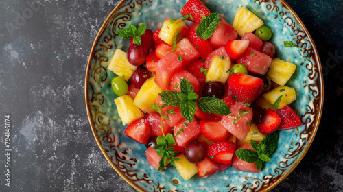 Fresh mint garnished on a colorful summer fruit salad in a decorative bowl