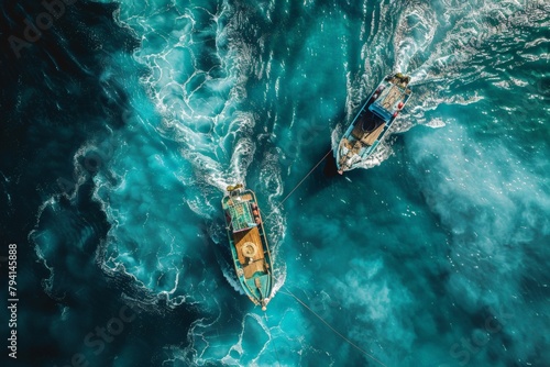Aerial view of fishing boats at sea, Two wooden boats tethered in deep blue sea, churning white foam as they cut through the water, Sunlight dances on waves around them, emphasizing vastness ocean. photo