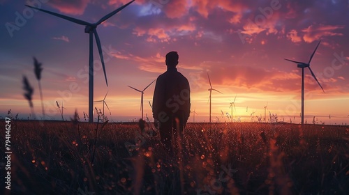 A man standing in a field of wind turbines at sunset